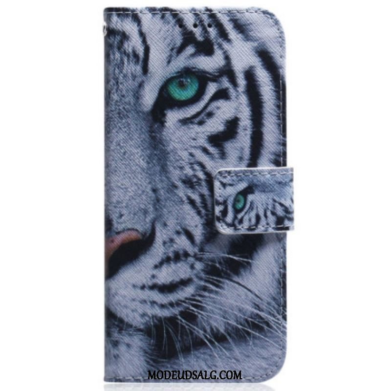 Læder Cover Samsung Galaxy M13 Med Snor Strappy White Tiger