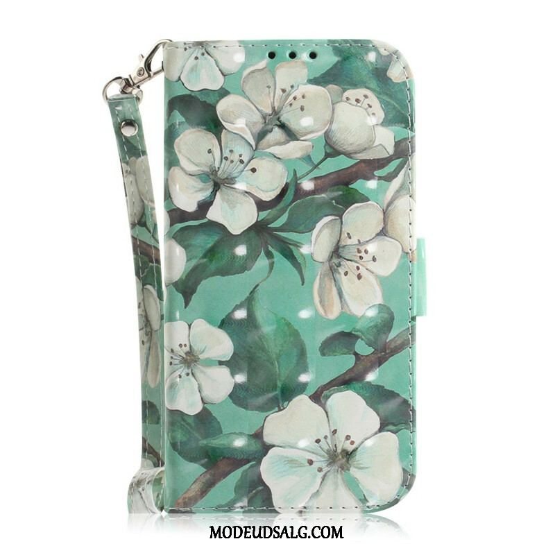 Læder Cover Samsung Galaxy S21 5G Med Snor Blomstrende Gren Med Rem