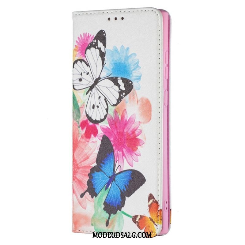 Læder Cover Samsung Galaxy S22 Ultra 5G Malede Sommerfugle Og Blomster