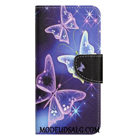 Læder Cover Samsung Galaxy S24 5g Telefon Etui Glitrende Sommerfugle Med Rem