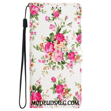 Læder Cover Samsung Galaxy S24 5g Telefon Etui Røde Blomster Med Rem