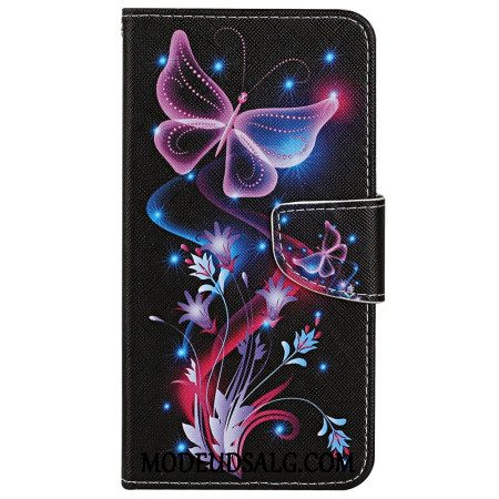 Læder Cover Samsung Galaxy S24 Ultra 5g Telefon Etui Fluorescerende Sommerfugle Med Rem