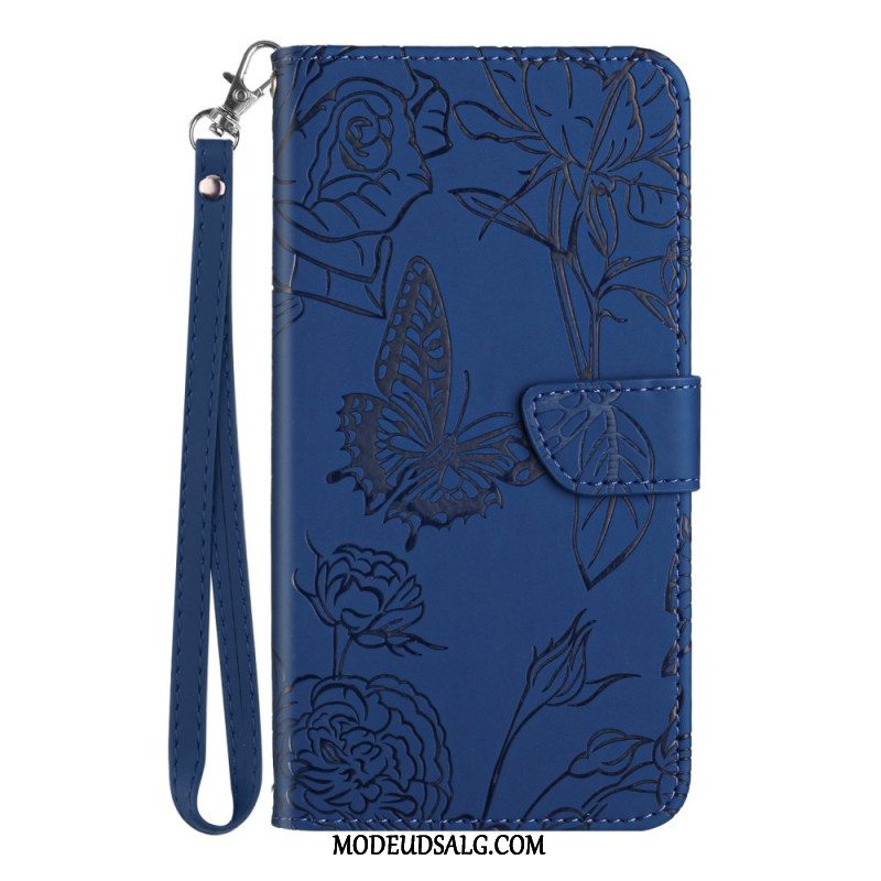 Læder Cover Xiaomi 14t Pro Telefon Etui Sommerfugle Og Blomster Mønster Med Rem