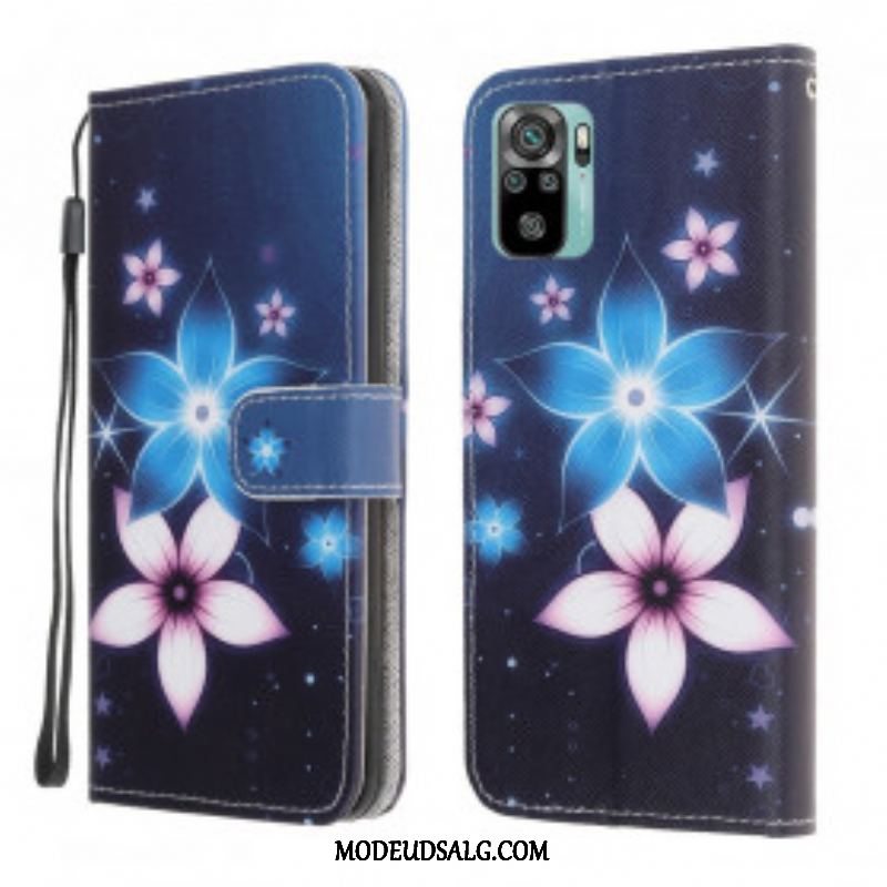 Læder Cover Xiaomi Redmi Note 10 / 10S Med Snor Lunar Strap Blomster