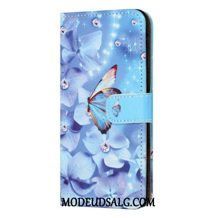 Læder Cover Xiaomi Redmi Note 13 4g Telefon Etui Blå Blomster Og Sommerfugl Med Rem