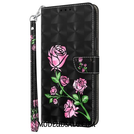 Læder Cover Xiaomi Redmi Note 13 4g Telefon Etui Lyserøde Blomster Med Rem