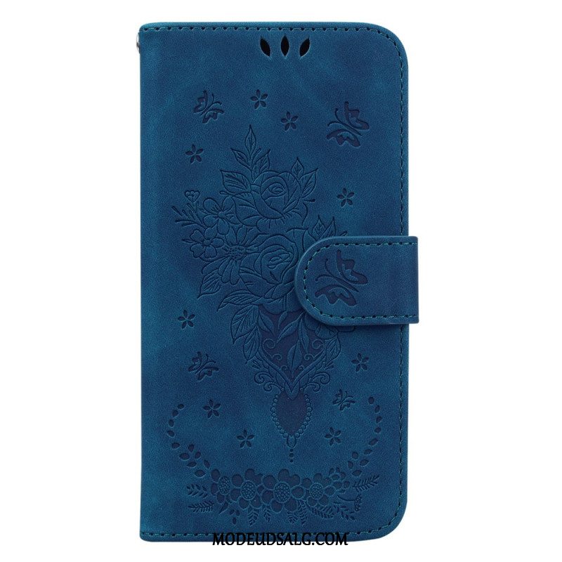 Læder Cover Xiaomi Redmi Note 13 5g Telefon Etui Rose Og Sommerfugle Med Rem