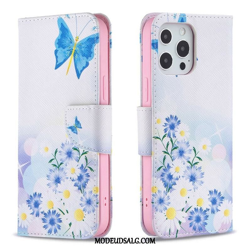 Læder Cover iPhone 13 Pro Max Malede Sommerfugle Og Blomster