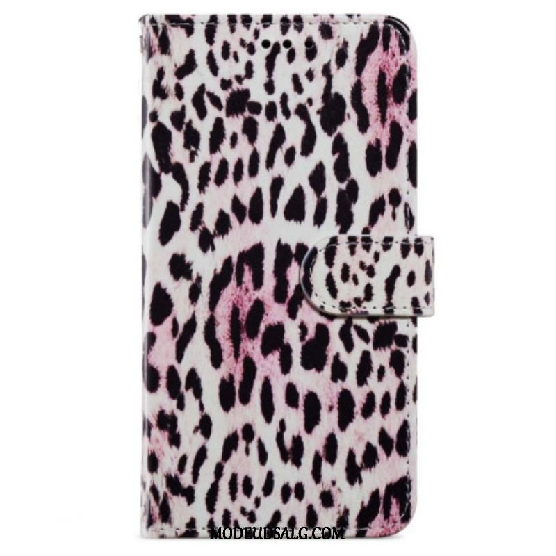 Læder Cover iPhone 15 Med Snor Leopardskinddesign Med Rem