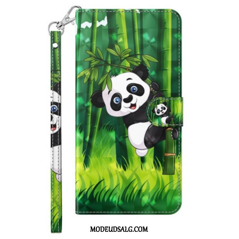 Læder Cover iPhone 15 Plus Med Snor 3d Bambus Panda Med Rem