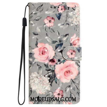 Læder Cover iPhone 16 Plus Lyserøde Blomster Med Rem