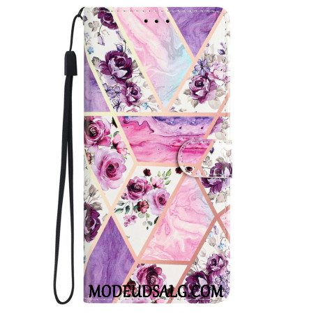 Læder Cover iPhone 16 Plus Telefon Etui Marmor Lilla Blomster Med Rem