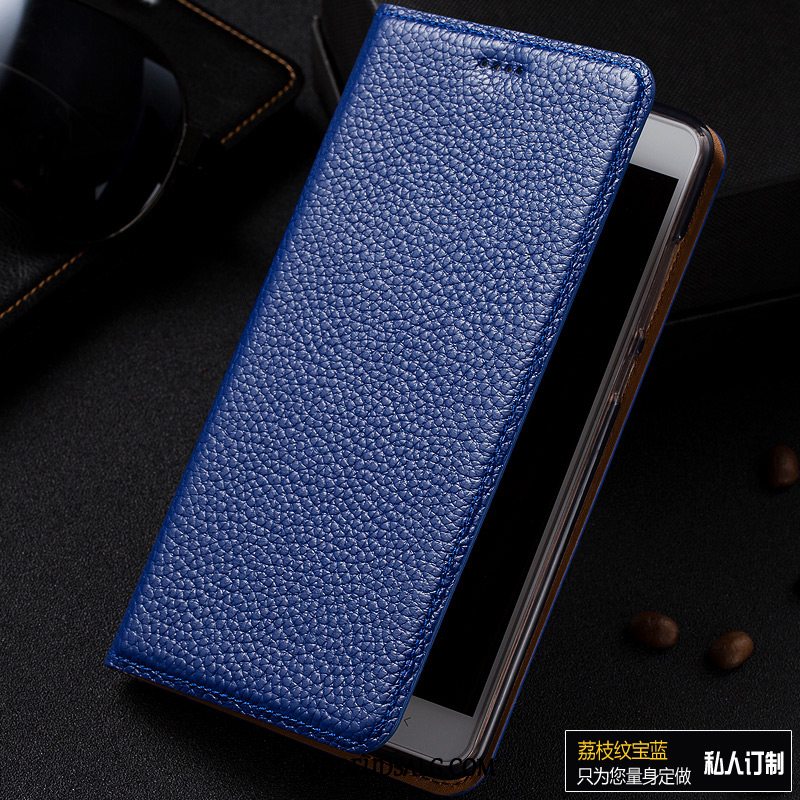Samsung Galaxy A20e Etui / Cover Lædertaske Litchi Ægte Læder Blå Mønster