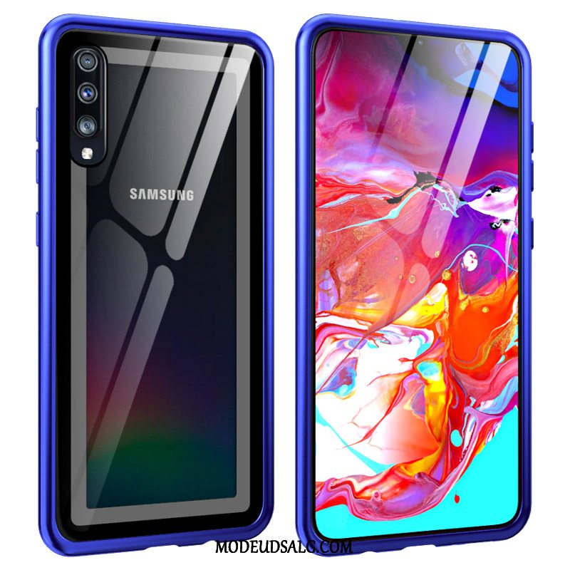 Samsung Galaxy A70 Etui Hærdet Glas Metal Cover Blå Lilla