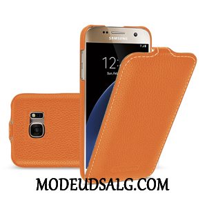 Samsung Galaxy S7 Etui Ægte Læder Folio Orange Lædertaske Beskyttelse